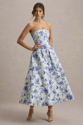 Annalise | Blue Porcelain Print Bandeau Skater Midi Dress