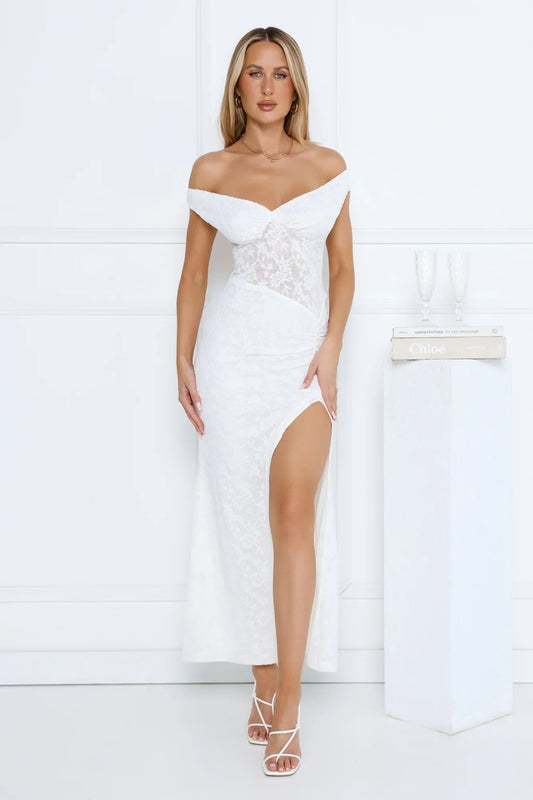 Ivory Veil Off Shoulder Lace Maxi Dress White