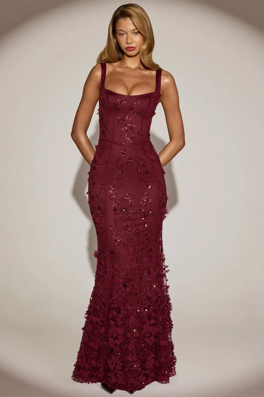 Embellished Fishtail Corset Gown in Wine Red