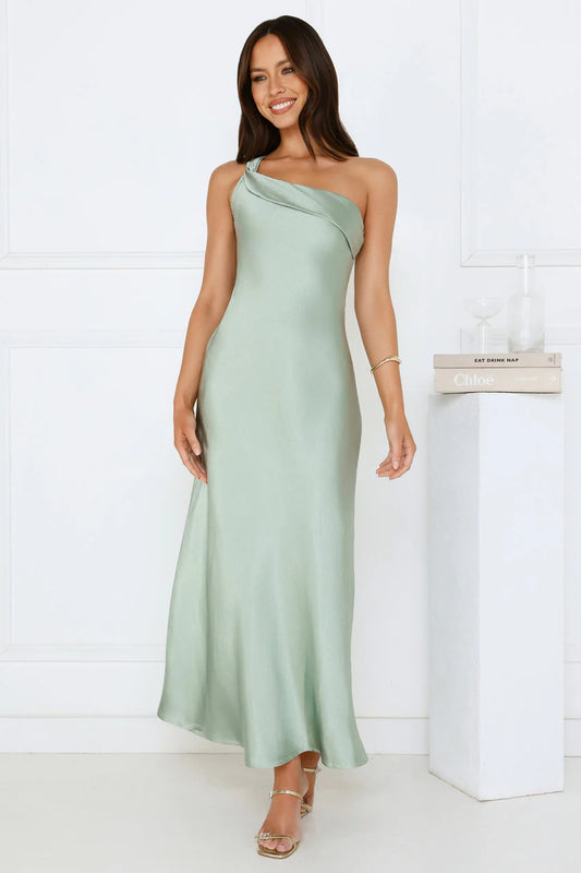 Romantic Tales Satin One Shoulder Maxi Dress Sage