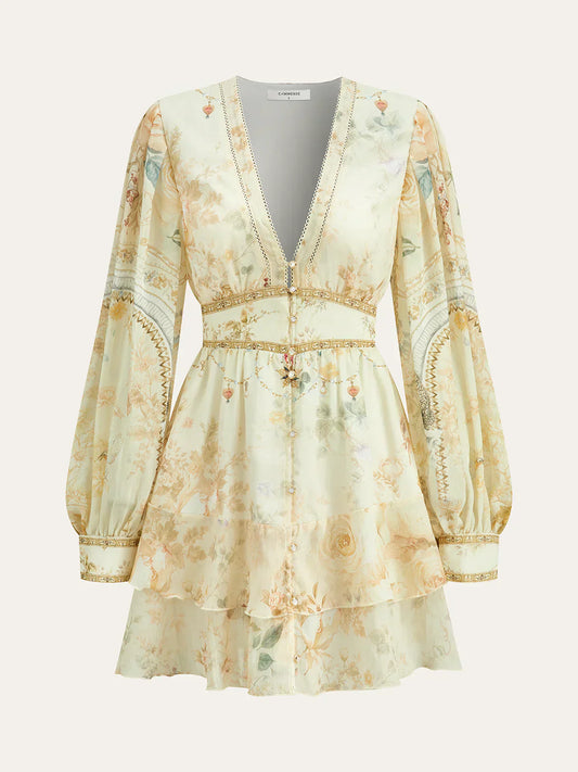 Semi-Sheer Chiffon Floral Printed Ruffled Mini Dress
