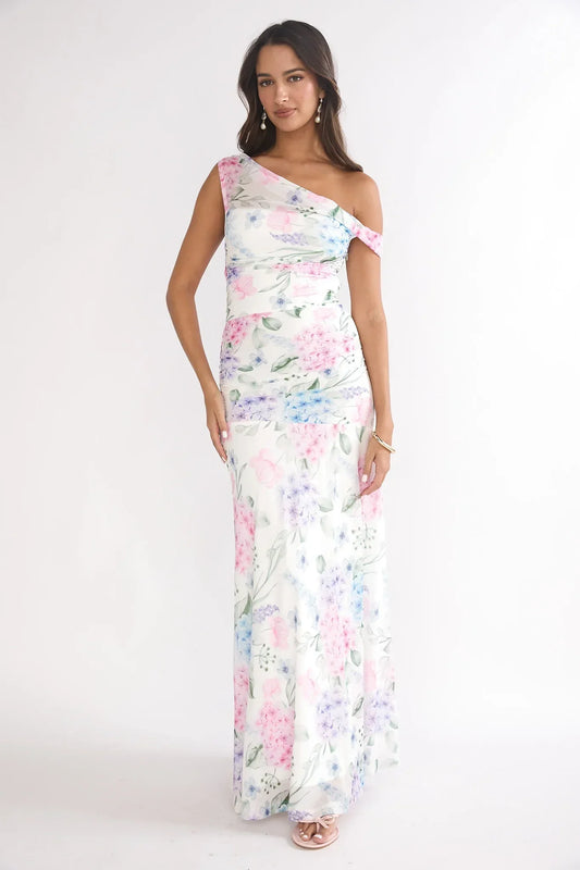 Lylah Asymmetric Neckline Mesh Maxi Dress Floral Blue