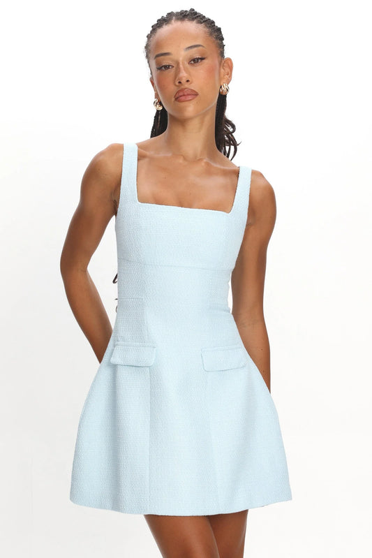 Melodic Faux Pocket Tweed Mini Dress Blue