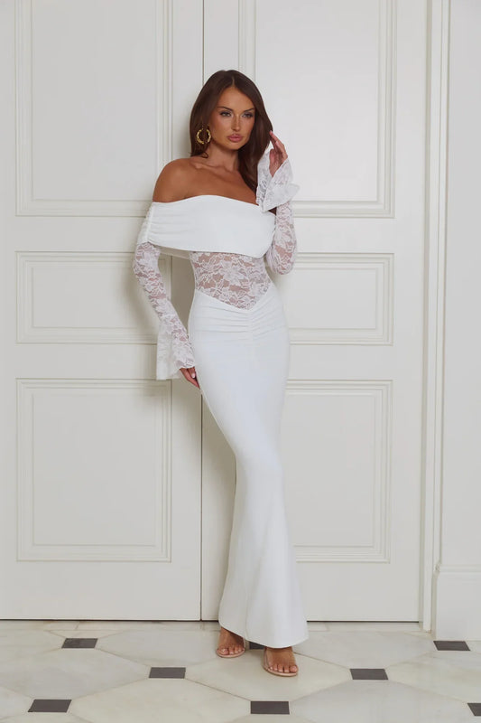 Luxe Temptress Off Shoulder Maxi Dress White