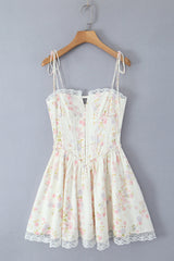 Floral Lace Neckline Lase-up Tull Skirt