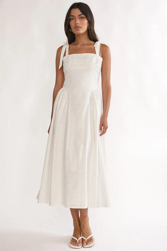 Morgana Tied Shoulder Applique Midi Dress Off White