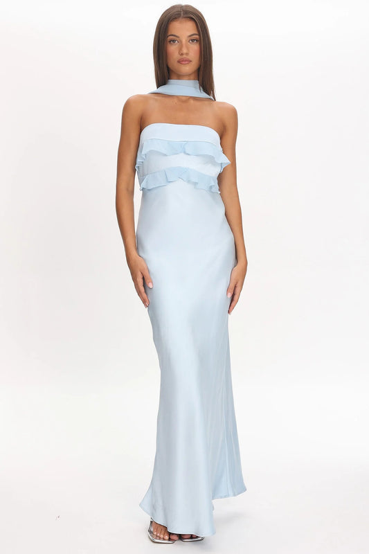 Damsel Reverse Halter Frill Trim Maxi Dress Baby Blue